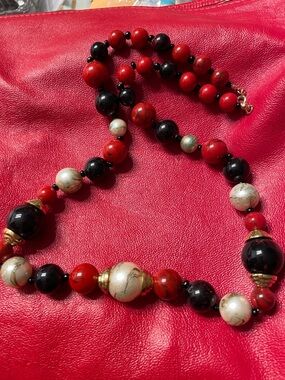 Vintage Avon Red Black and Ivory Beaded Statement Necklace - Women Jewelry